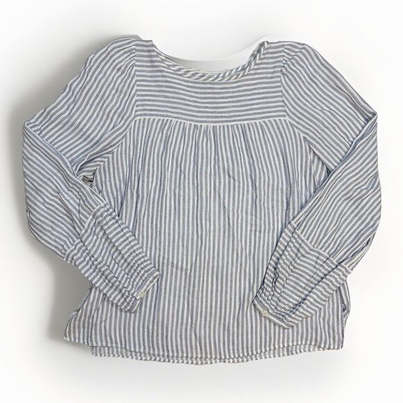 LOFT Tops - LOFT Blue White Striped Button Keyhole Round Neck Rayon Linen Blouse Size Small